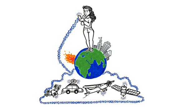 Illustration of person standing on earth using a phone