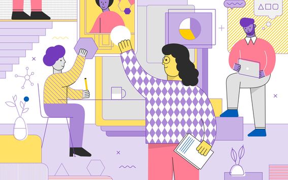 Illustration of three people studying and/or working