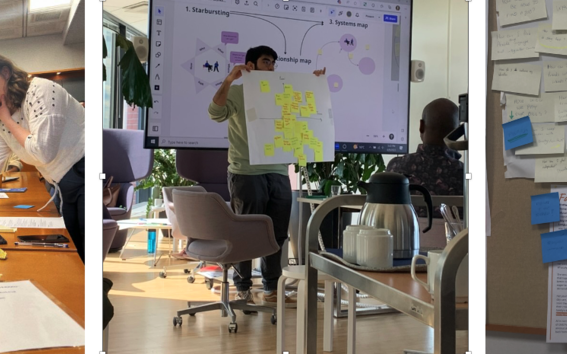 3 images from multi-stakeholder workshops showing sheets of paper with post-it notes and people presenting and discussing.