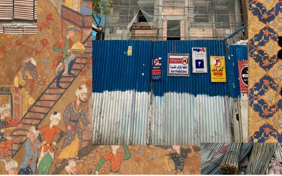 Collage style image with construction site and Iranian tapestry