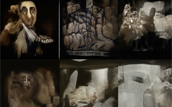 ai created image from a scene in a movie, faces and abstract shapes