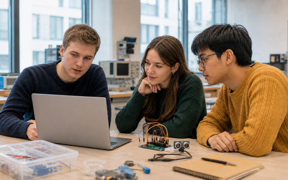 implementation-hero that has 3 students looking at a laptop on table that has electronic equipment