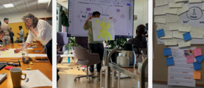 3 images from multi-stakeholder workshops showing sheets of paper with post-it notes and people presenting and discussing.