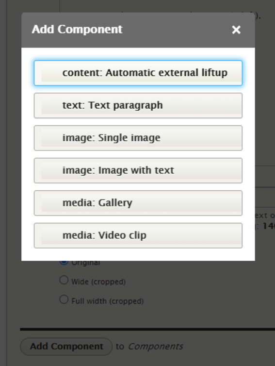 Screenshot of Drupal showing the list of components.