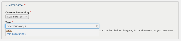 Screenshot of Drupal showing the Metadata field for tags.