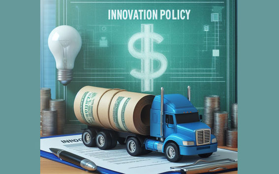 In the image words innovation policy, dollar sign, lamp and a truck. 