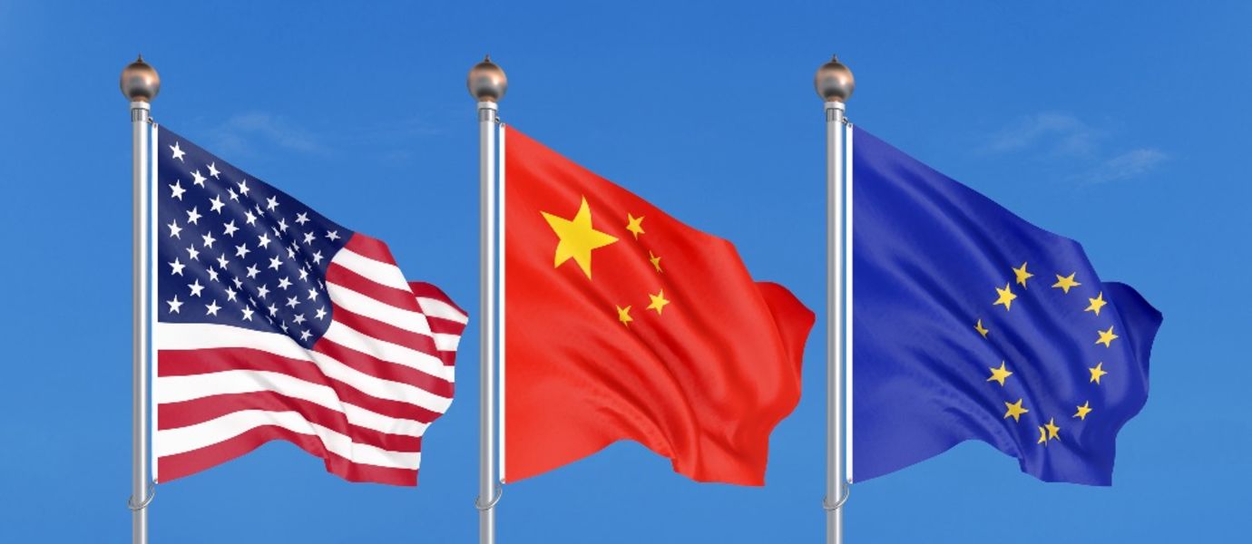 Flags of USA, China and Europe