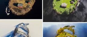A collage of 4 photos showing the same island during the four seasons