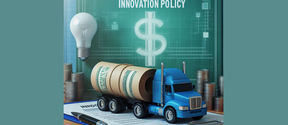 In the image words innovation policy, dollar sign, lamp and a truck. 