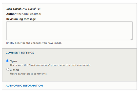 Screenshot of Drupal on how to enable comments on blog post