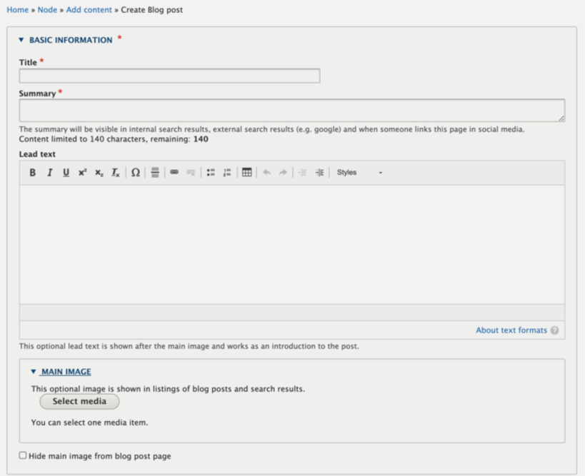 Screenshot of Drupal with the fields for Title, Summary, Lead text and Main image.