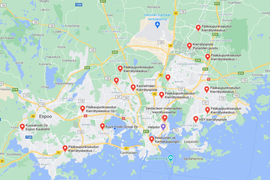 Map with Kierrätyskeskus chain stores in Espoo and Helsinki 