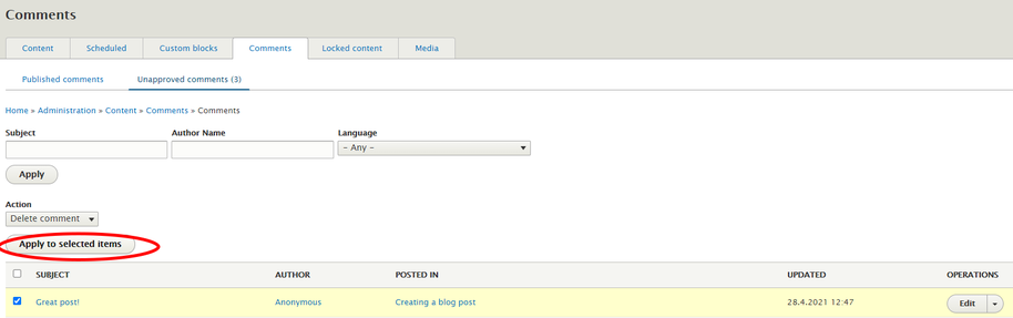 Screenshot of Drupal, how to delete a comment