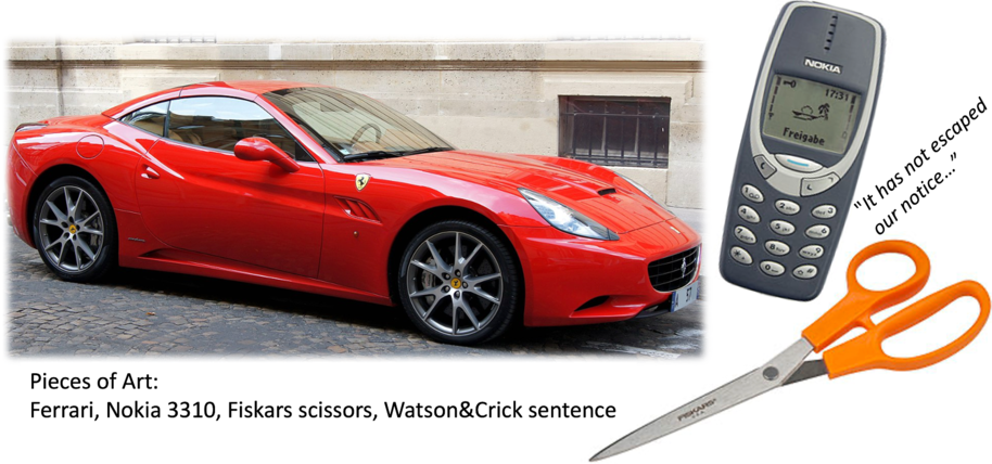 Pieces of Art: Ferrari, Nokia 3310, Fiskars scissors, Watson&Crick sentence